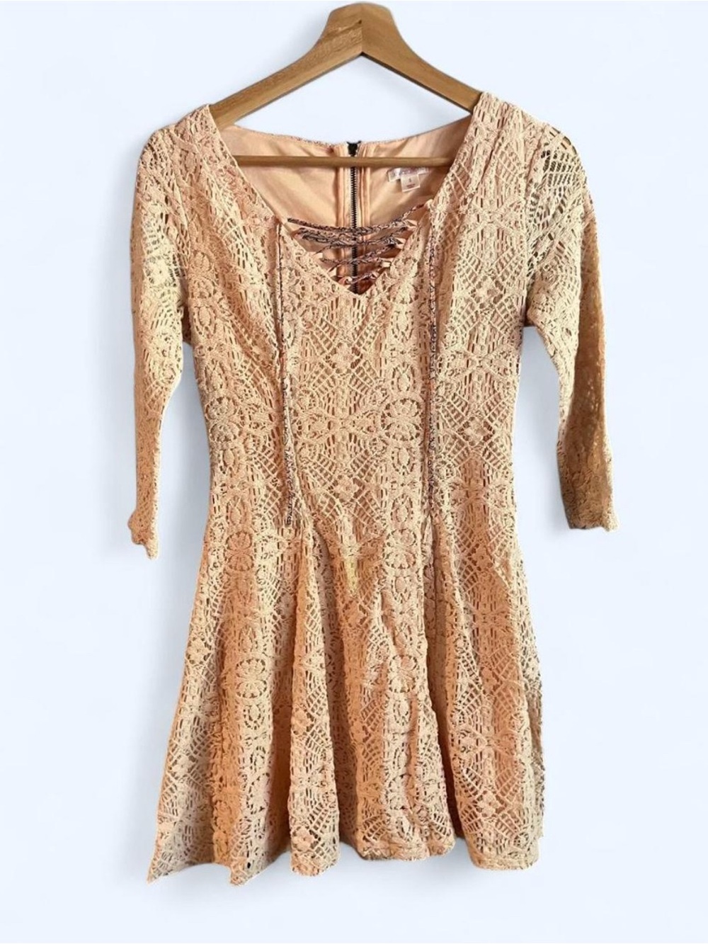 Peach Lace Fit & Flare Dress with Lace-Up Neckline